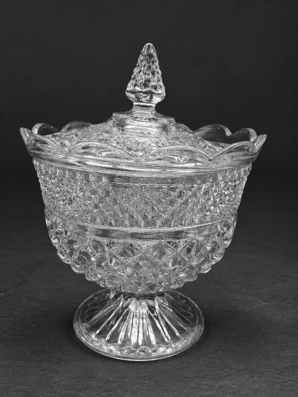Vintage Clear Pressed Glass Lidded Pedestal Candy Dish Compote Diamond 10